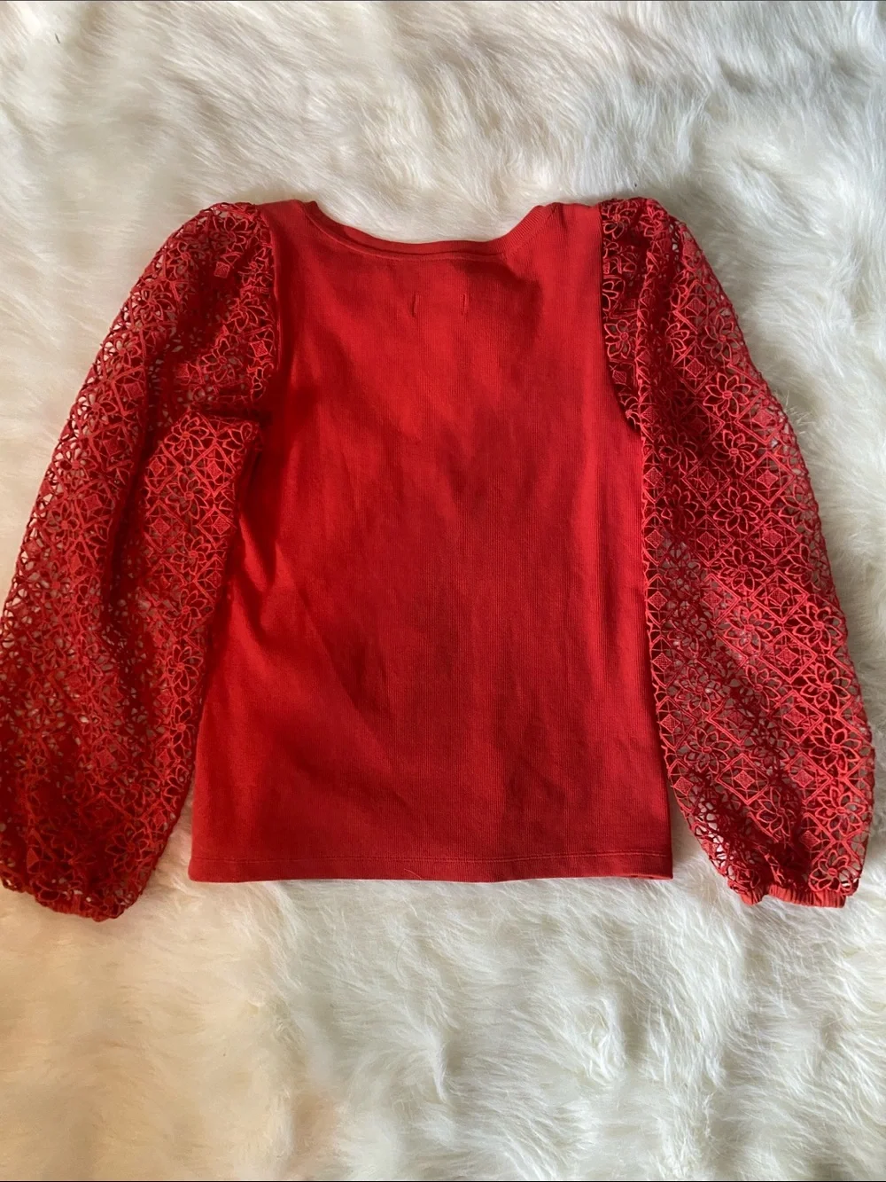 Anthropologie Red Lace Balloon-Sleeve Scoop Neck Top